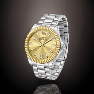 Invicta Specialty Men's 43MM Watch Gold Dial, Silver Metal Band Fluted Bezel-New